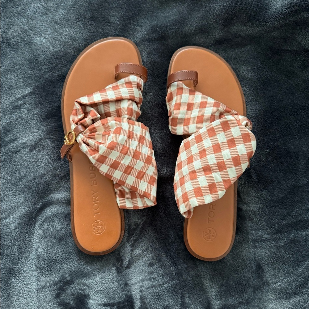 NEW Tory Burch-Gingham/Burnt Selby Scarf Sandals, Size 8.5